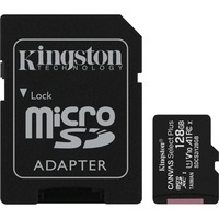 Kingston Canvas Select 128 GB micSDXC Plus 100R A1 C10-kort + ADP, Hukommelseskort Sort, 128 GB, MicroSDXC, Klasse 10, UHS-I, 100 MB/s, Class 1 (U1)