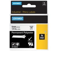 Dymo Rhino industrielle permanente polyesteretiketter | 6 mm x 5,5 m | Sort tekst på hvid | Selvklæbende | til Rhino & LabelManager etiketmaskiner, Tape 5 m | Sort tekst på hvid | Selvklæbende | til Rhino & LabelManager etiketmaskiner, Sort på hvid, Flerfarvet, Polyester, -40 - 150 °C, UL 969, DYMO