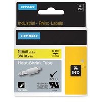 Dymo Rhino industrielle varmekrympbare kabelmærkningsrør | 19 mm x 1,5 m | Sort tekst på gul | til Rhino-mærkningsmaskiner, Heat shrink labels 5 m | Sort tekst på gul | til Rhino-mærkningsmaskiner, Sort på gul, Flerfarvet, -55 - 135 °C, UL 224, MIL-STD-202G, MIL-81531, SAE-DTL 23053/5 (1, 3), DYMO, Rhino