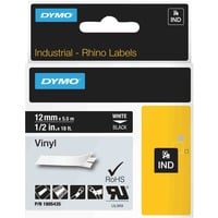 Dymo Rhino industrielle vinyletiketter | 12 mm x 5,5 m | Hvid tekst på sort | Selvklæbende | til LabelManager & Rhino etiketmaskiner, Tape 5 m | Hvid tekst på sort | Selvklæbende | til LabelManager & Rhino etiketmaskiner, Hvid på sort, Flerfarvet, Vinyl, -40 - 80 °C, UL 969, DYMO