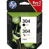 HP Originale 304-blækpatroner i dobbeltpakke, sort/trefarvet sort/trefarvet, Standard udbytte, Pigmentbaseret blæk, Farvebaseret blæk, 4 ml, 2 ml, 2 stk