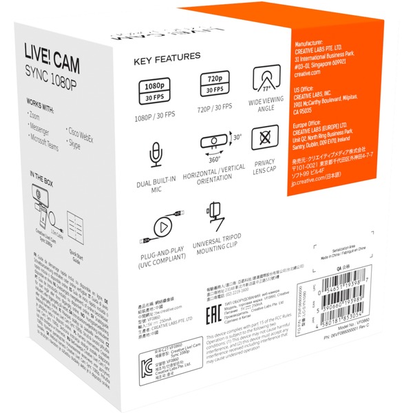 Creative Live! Cam Sync 1080p webcam 2 MP 1920 x 1080 pixel USB 2.0 Sort Sort, 2 MP, 1920 x 1080 pixel, 30 fps, 1280x720@30fps,1920x1080@30fps, 720p,1080p, BMP,JPG