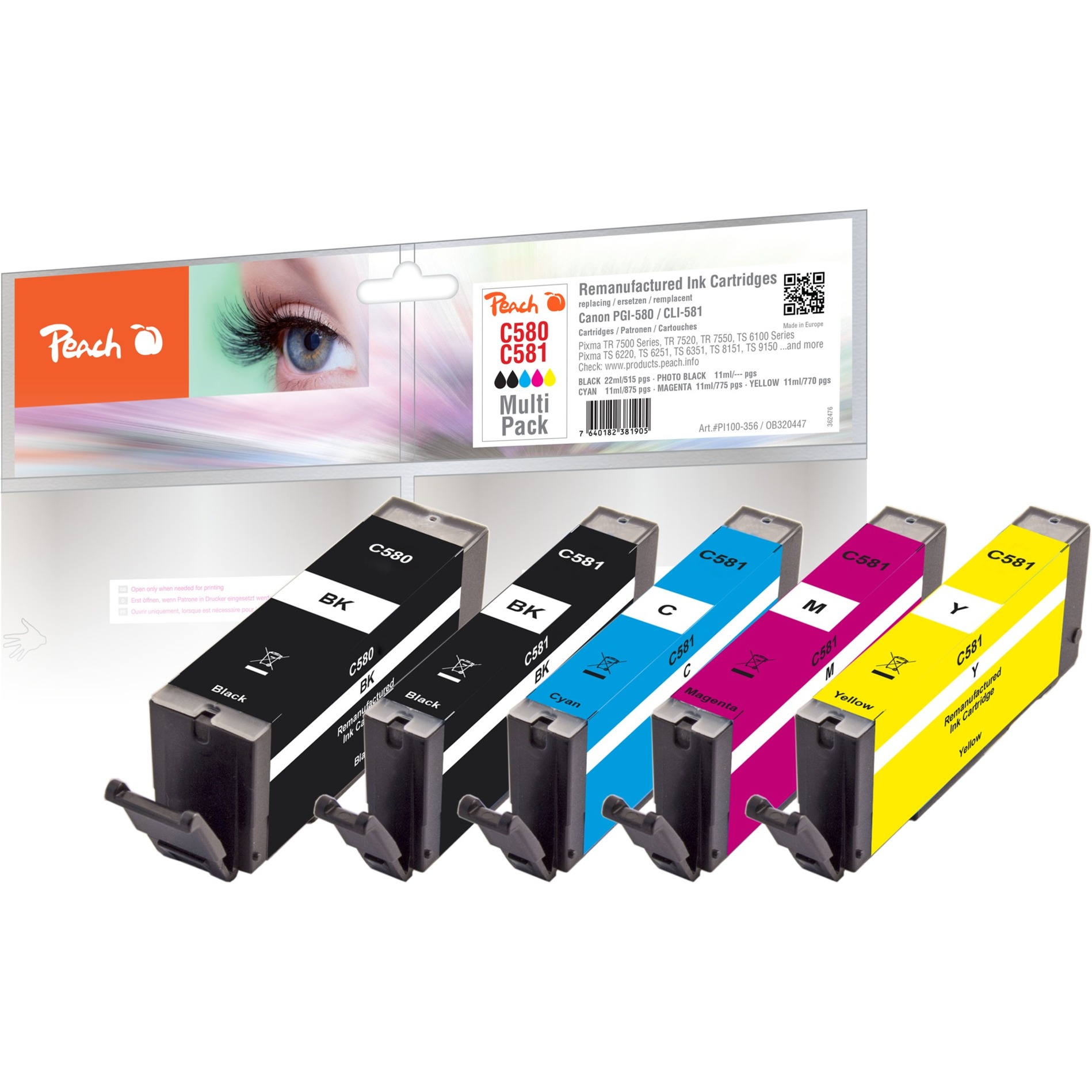 Peach PI100-356 blækpatron 5 stk Kompatibel Standard udbytte Sort, Blå, Magenta, Gul Standard udbytte, Sort, Blå, Magenta, Gul, 5 stk, Multipakke