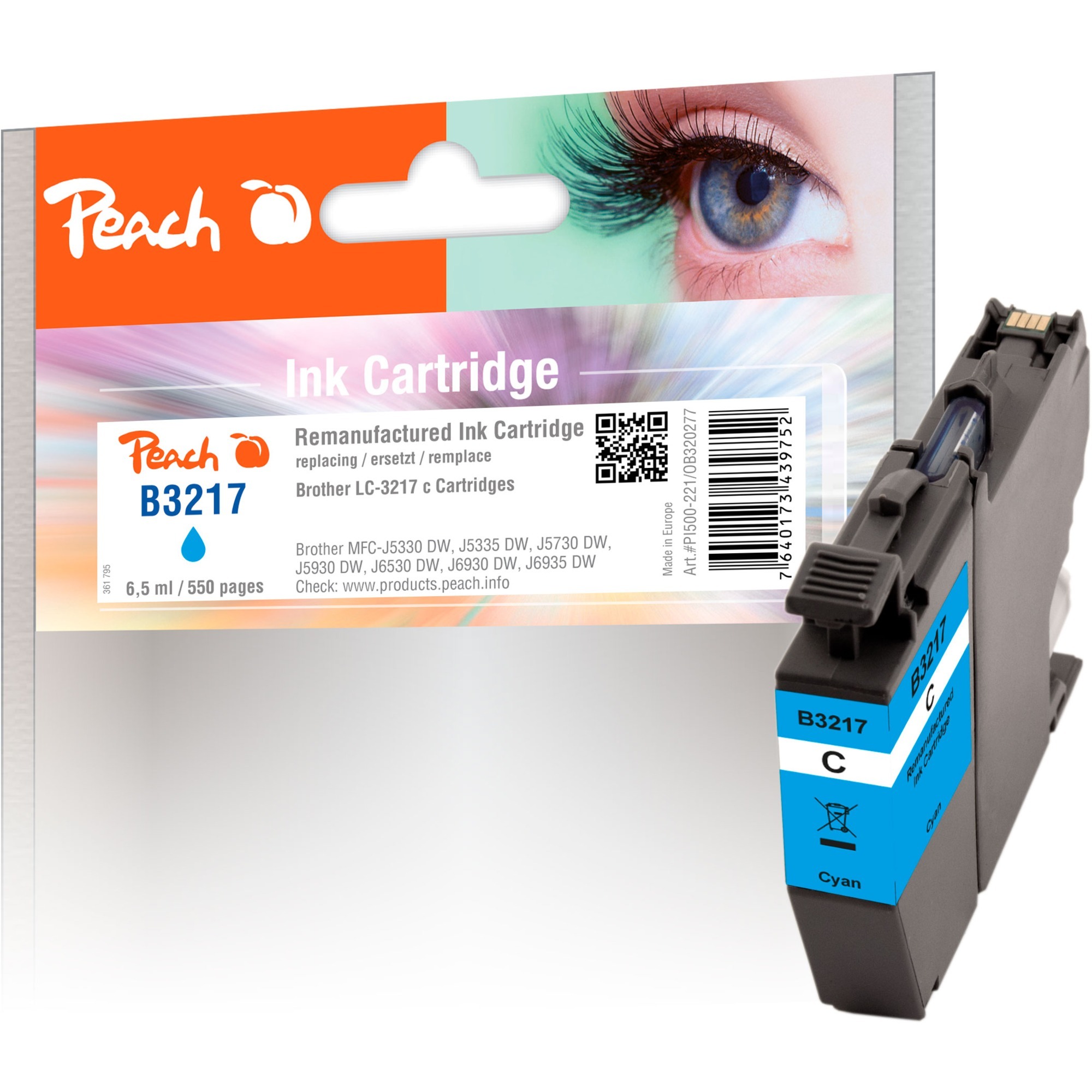 Peach 320277 blækpatron 1 stk Kompatibel Standard udbytte Blå Standard udbytte, Blå, 6,5 ml, 1 stk, 550 Sider, Enkelt pakke